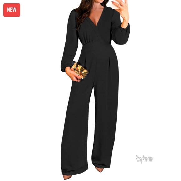 Long Sleeve V-Neck Wide Leg Jumpsuit Polyester Spandex Business Casual
